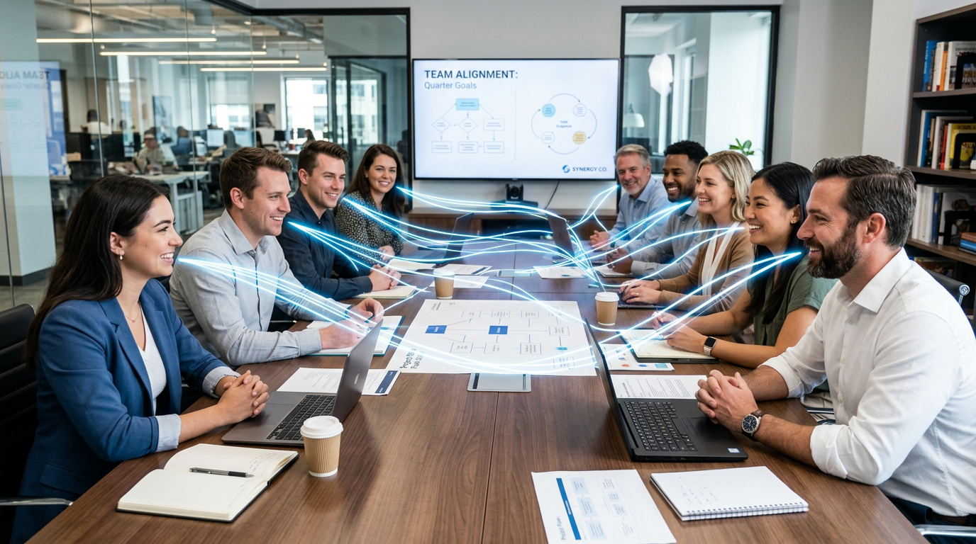 Team meeting with diverse colleagues discussing project plans and digital connections