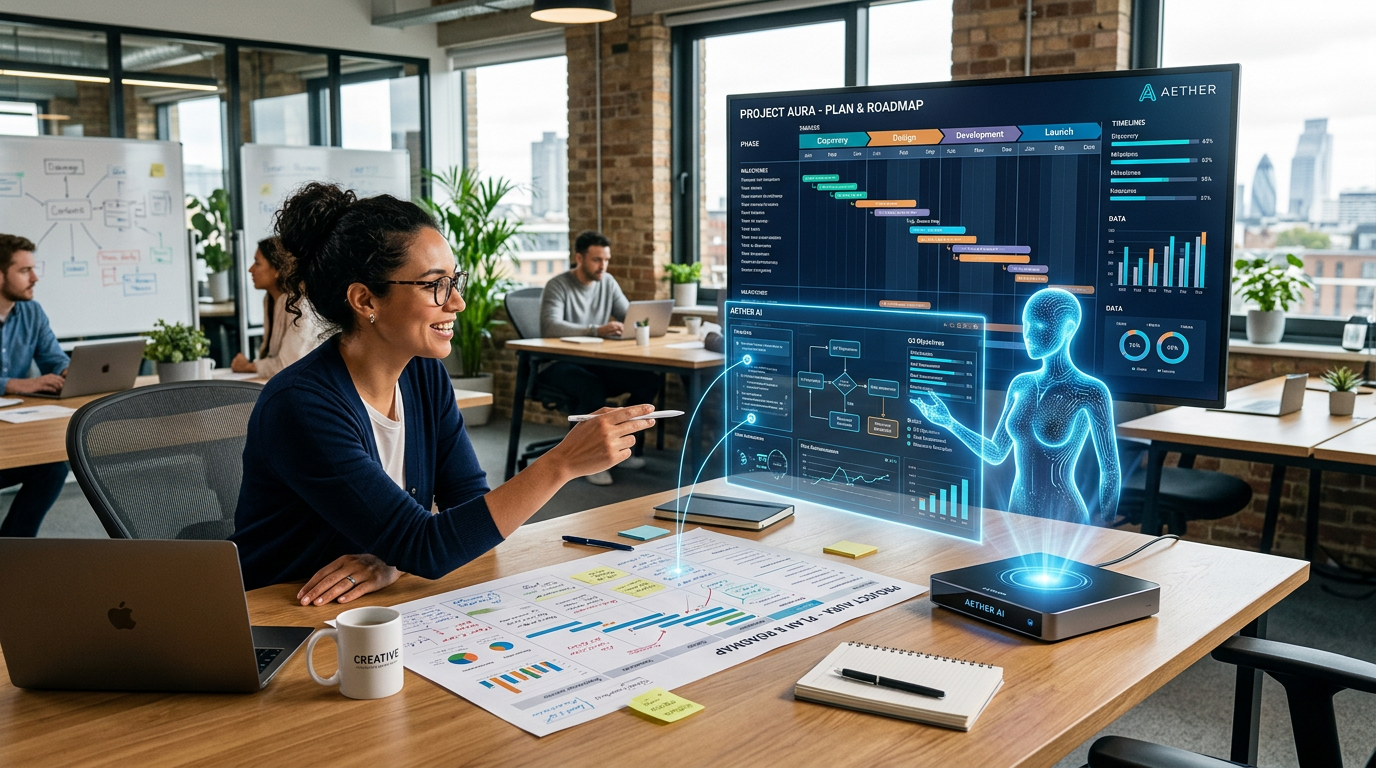 Woman interacting with AI holographic assistant and project roadmap in office