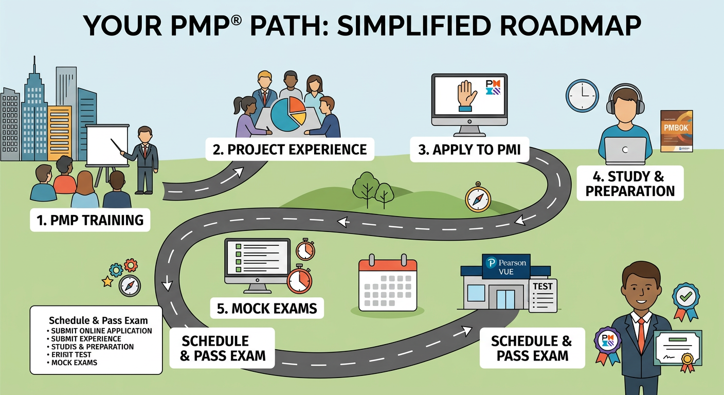 PMP certification roadmap showing seven steps from training through exam success
